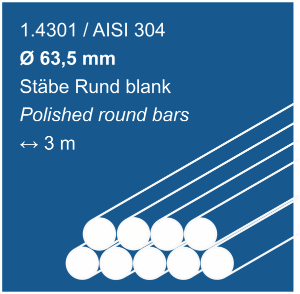 Edelstahlstäbe aus 1.4301 (304), 63,5 mm Durchmesser, 3000 mm lang, auf blauem Hintergrund abgebildet